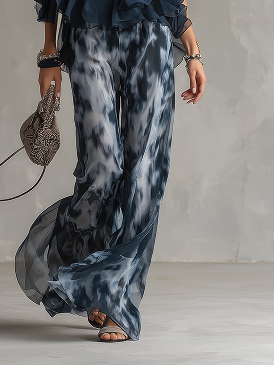 Isolde™ Elegant Chiffon Set with High Neck Top and Wide Leg Printed Pants