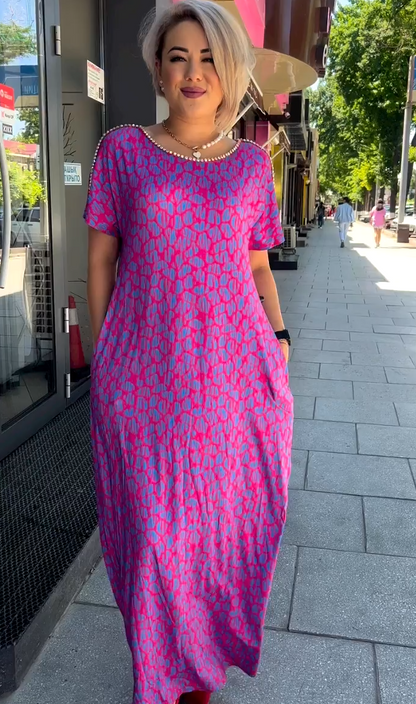 Leni™ Pink and Purple Floral Print Dress with Diamond Neckline