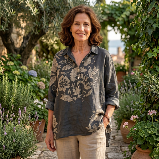 Gaia™ Elegant Linen Blouse with Floral Print