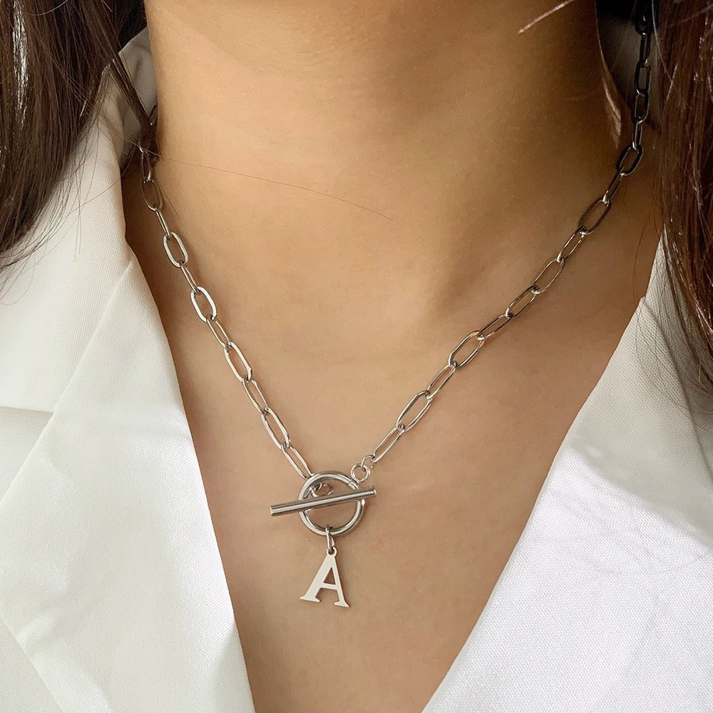 Ganelle™ Necklace with Circular Padlock Closure and Initial in Paperclip Shape