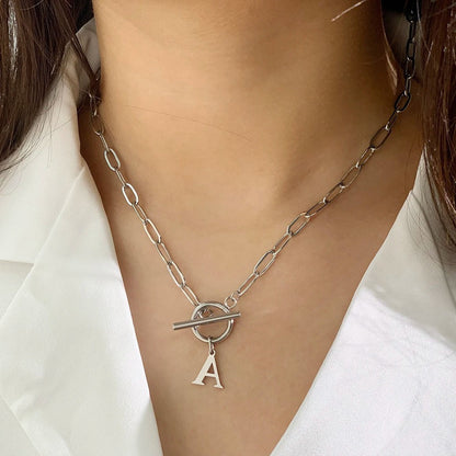 Ganelle™ Necklace with Circular Padlock Closure and Initial in Paperclip Shape