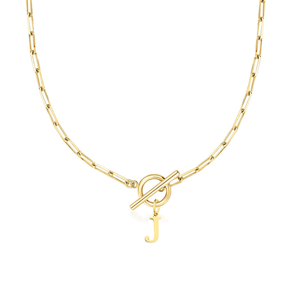 Ganelle™ Necklace with Circular Padlock Closure and Initial in Paperclip Shape
