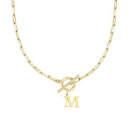 Ganelle™ Necklace with Circular Padlock Closure and Initial in Paperclip Shape