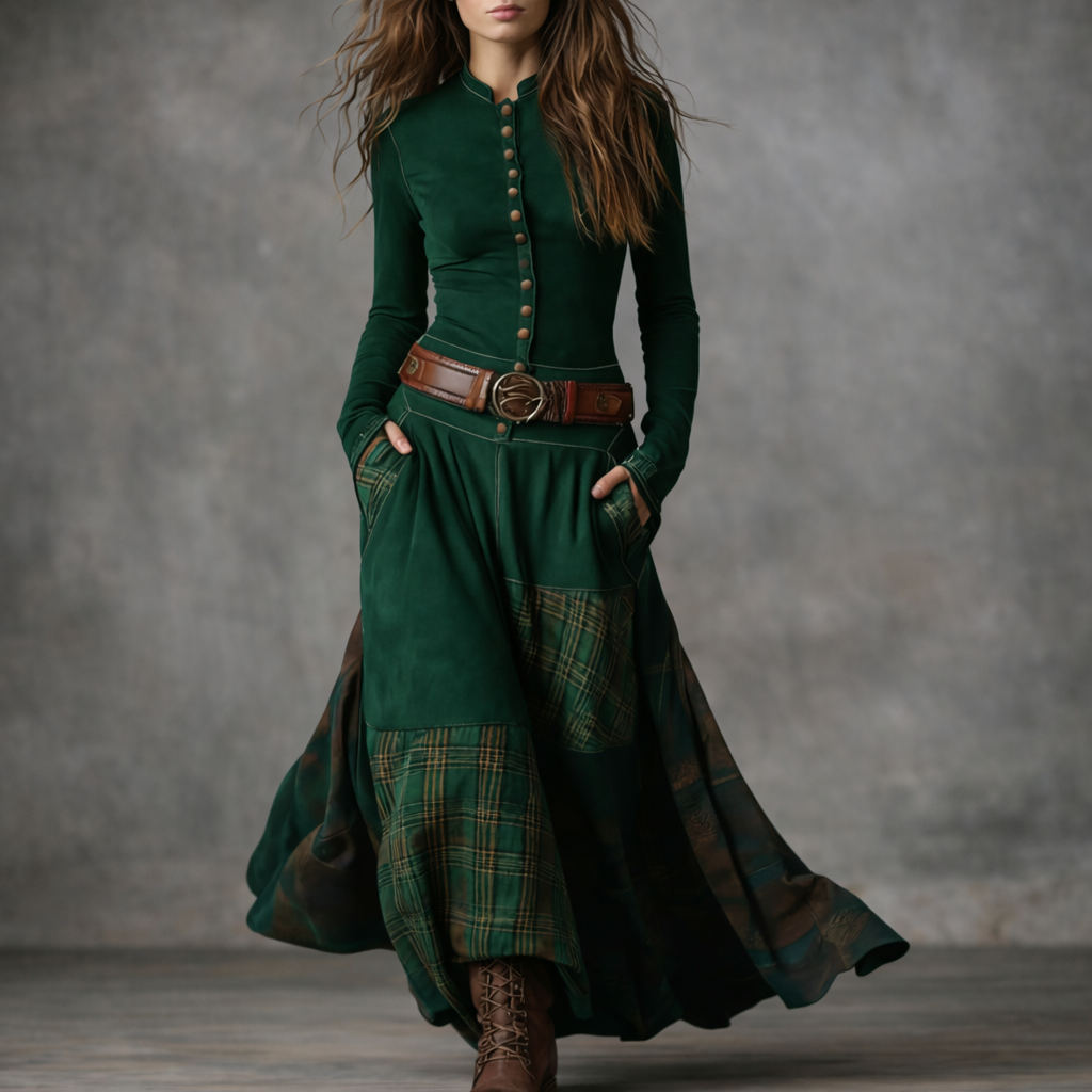 Elira™ Vintage Long Suede Checkered Dress (with Belt)