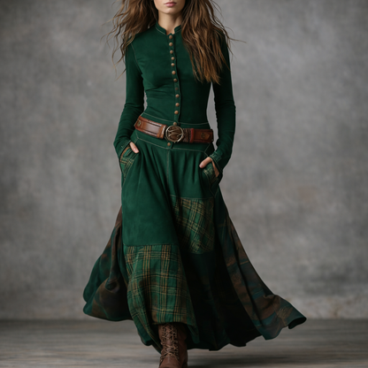 Elira™ Vintage Long Suede Checkered Dress (with Belt)