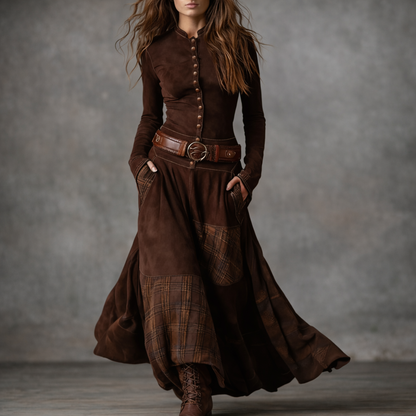 Elira™ Vintage Long Suede Checkered Dress (with Belt)