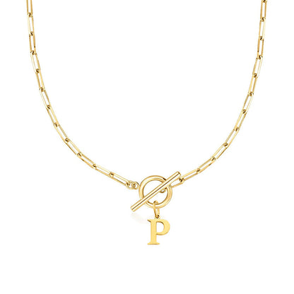 Ganelle™ Necklace with Circular Padlock Closure and Initial in Paperclip Shape