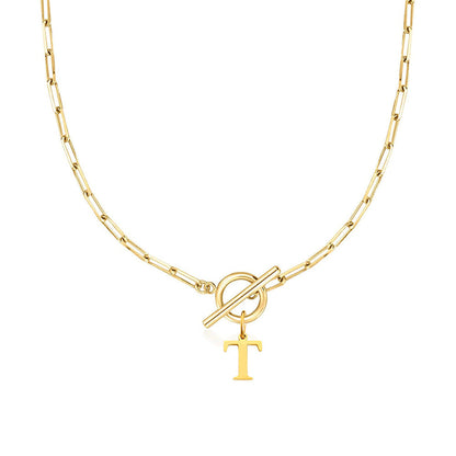 Ganelle™ Necklace with Circular Padlock Closure and Initial in Paperclip Shape