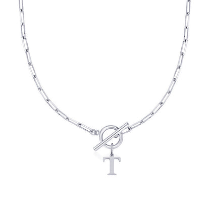 Ganelle™ Necklace with Circular Padlock Closure and Initial in Paperclip Shape