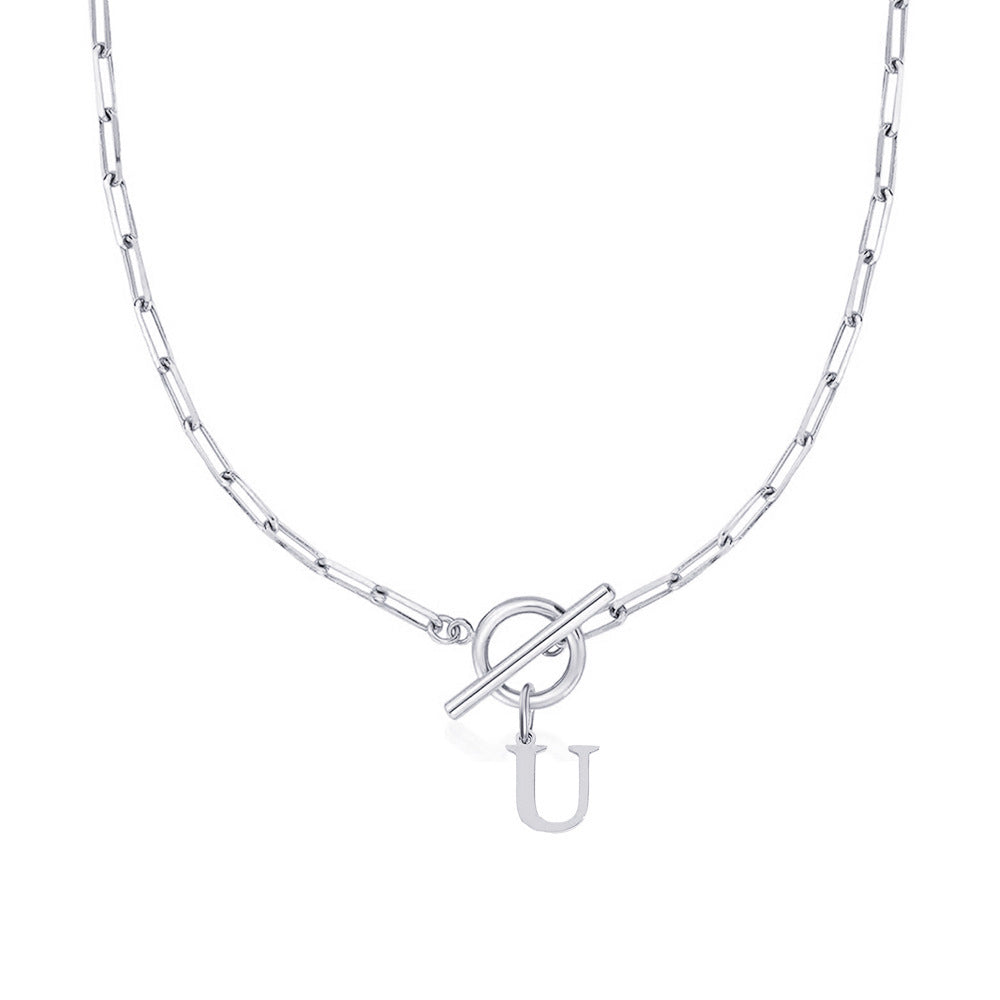 Ganelle™ Necklace with Circular Padlock Closure and Initial in Paperclip Shape
