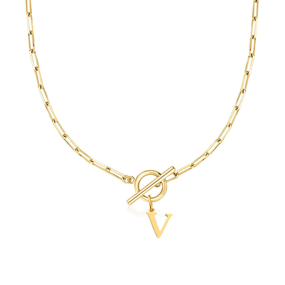 Ganelle™ Necklace with Circular Padlock Closure and Initial in Paperclip Shape