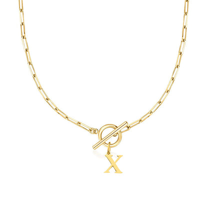 Ganelle™ Necklace with Circular Padlock Closure and Initial in Paperclip Shape