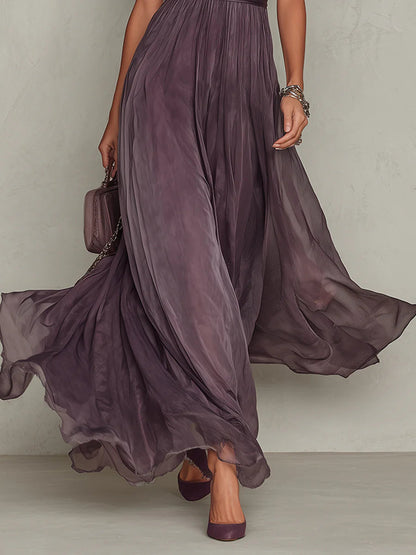 Bellamy™ Long Purple Dress with Keyhole Neckline and Chiffon Lace Trim