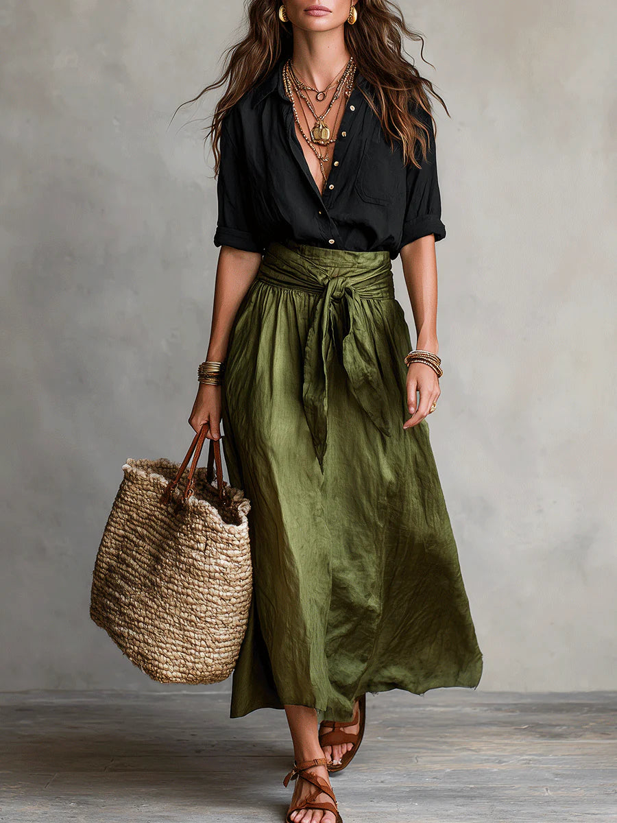 Yvette™ Two-Piece Set: Black Top and Olive Green Midi Skirt