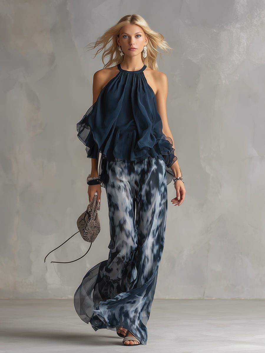 Isolde™ Elegant Chiffon Set with High Neck Top and Wide Leg Printed Pants