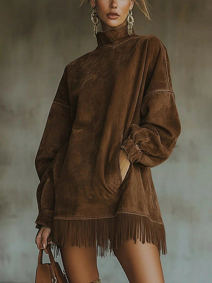 Rosenthea™ Elegant Synthetic Suede Dress with High Collar and Fringes
