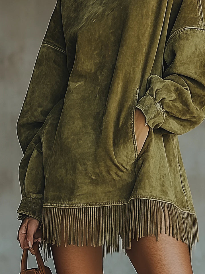 שמלת זמש סינתטי אלגנטית Rosenthea™ עם צווארון גבוה ופרנזים