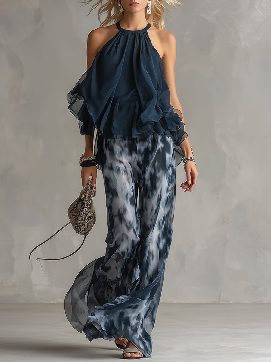 Isolde™ Elegant Chiffon Set with High Neck Top and Wide Leg Printed Pants