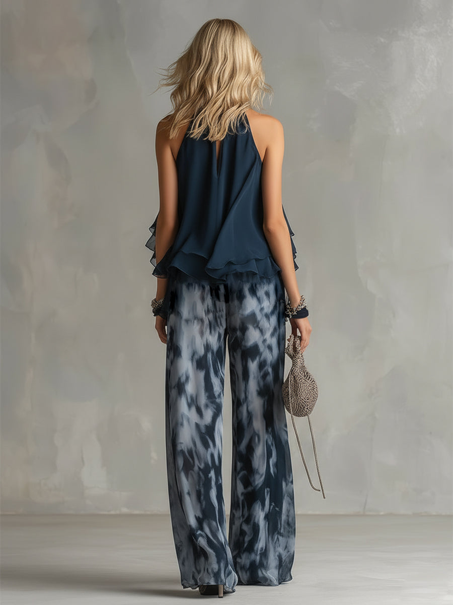 Isolde™ Elegant Chiffon Set with High Neck Top and Wide Leg Printed Pants