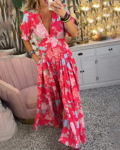 Orla™ Elegant Printed Dress with V-Neck and Pockets