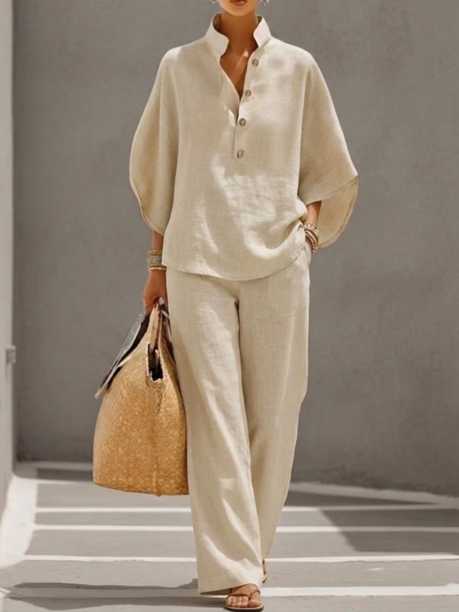 Kinsley™ Cotton and Linen Batwing Sleeve Set with Wide Pants