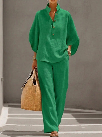Kinsley™ Cotton and Linen Batwing Sleeve Set with Wide Pants