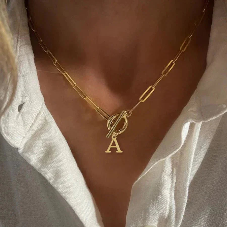 Ganelle™ Necklace with Circular Padlock Closure and Initial in Paperclip Shape